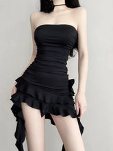 BXOXO Sexy Backless Black Dress for Women 2025 Summer New Slim Waist Ruffles Dresses Y2k E-Girl Irregular Strapless Vestidos Mujer